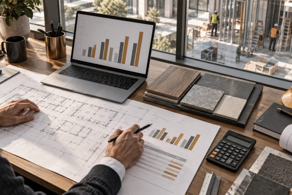 Revisión del presupuesto de una obra con planos, calculadora y un gráfico comparativo de costes.