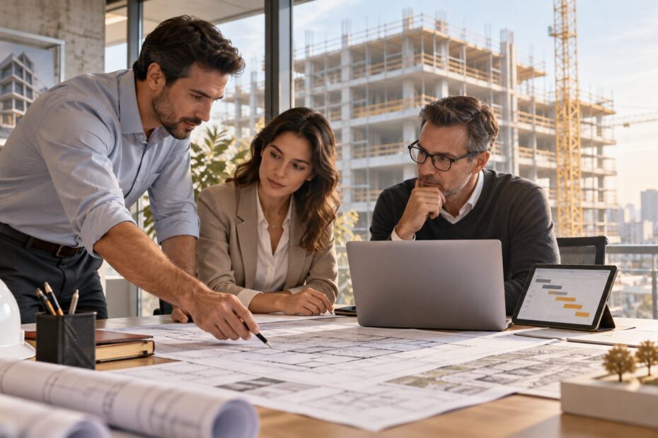 Equipo de proyectos y finanzas revisa planos y planificación de una obra en una reunión de trabajo.